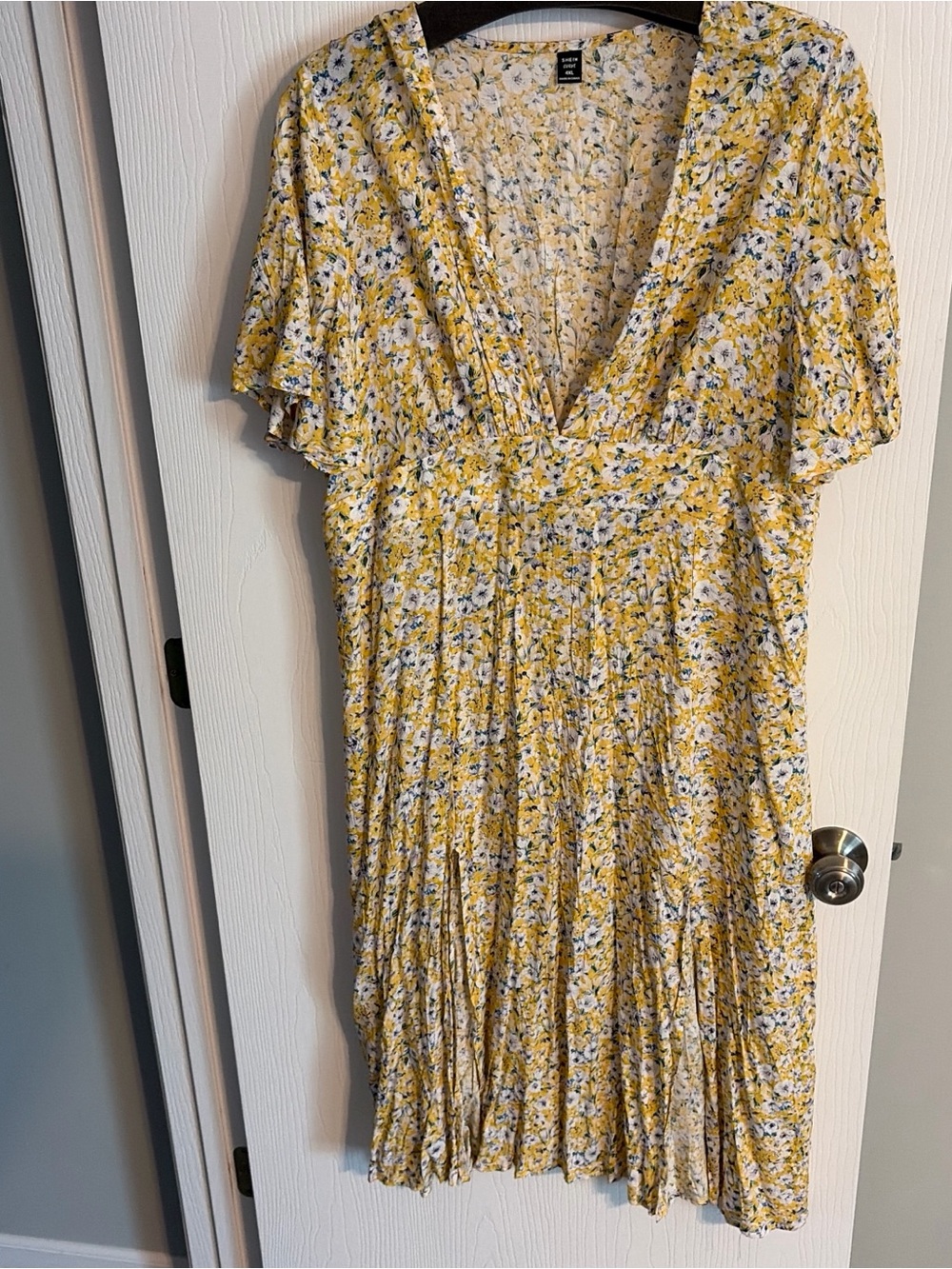 Yellow Floral V-Neck Midi Dress With Double Front Slit Detail